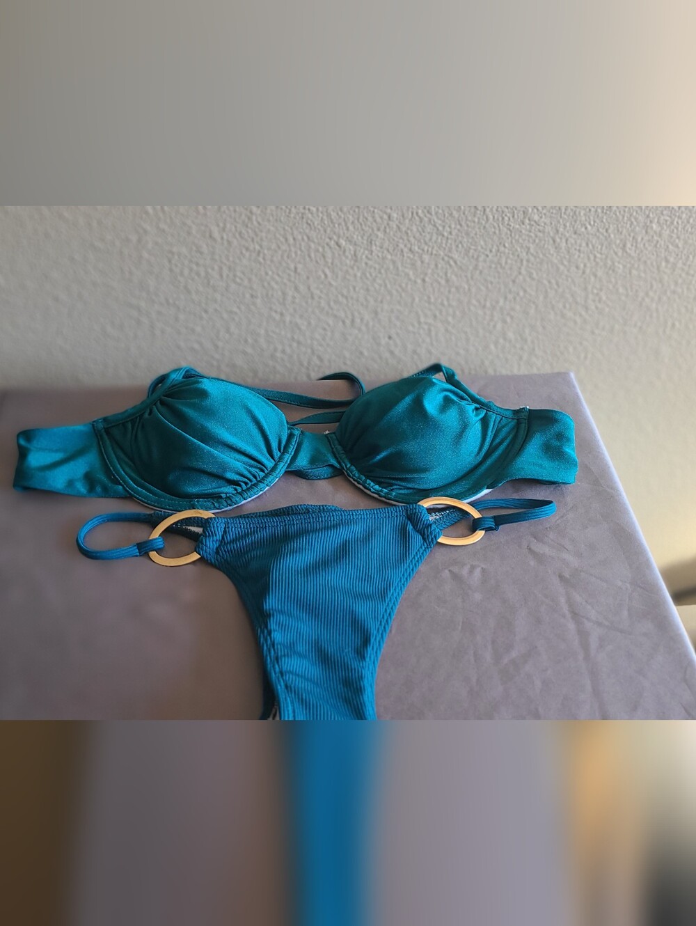 Source Unknown Teal Bikini Set with Gold Ring Accents
